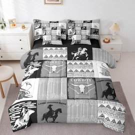 Country Western Bedding Sets Tribe Geometry Aztec Bed in a Bag King Size Comforter Set 7 Pieces,Cowboy Horse Sheet Set with Comforter,Gothic Bull Skull Cowgirl Southwestern Decor,Black Grey