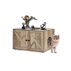 Upolana Cat Litter Box Enclosure, 32 inch Hidden Litter Box Furniture with Divider, Wooden Kitty Litter Box Cabinet End Side Table, Greige