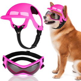 SlowTon Dog Helmet and Goggles Medium - UV Protection Doggy Sunglasses Dog Glasses Pet Hat Motorcycle Helmets with Ear Holes, Dogs Hard Hat Doggy Sunglasses for Biking Cycling(Fuchsia, Medium)