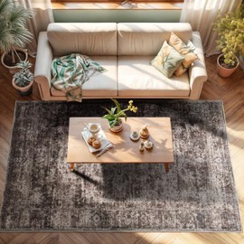 CRYPTOLITE Rugs for Living Room, 8x10 Large Area Rugs Ultra Soft Washable, 0.3″ Vintage Boho Faux Wool Carpet for Dining Room, Bedroom, Office, Home Decor (Brown)