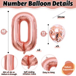 40 Inch Rose Gold Number 20 Balloons, Foil Self Inflating Giant Helium Number 2 & 0 Balloons with Confetti Balloons for Women Girls 20th 2nd Birthday Party Decor Anniversary Decorations Supplies