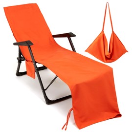 VOCOOL Chaise Lounge Chair Towel Cover with Side Pockets Thick and Quick Dry Beach Chair Cover Pool Chair Towel Lounge Chair Cover for Swimming Pool Sun Lounger Hotel Sunbathing Vacation, Orange
