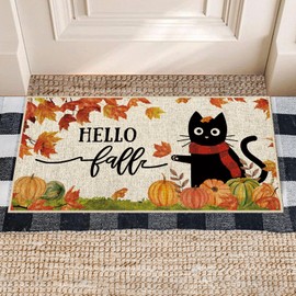 Dlzdn Hello Fall Cat Door Mat Fall Pumpkin Cat Decorative Doormat Seasonal Holiday Non-Slip Rubber Backed Entryway Rugs for Indoor Outdoor Entrance Floor 16 x 30 Inch