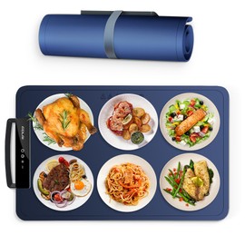 Portable Electric Warming Tray，Food Warming Mat with Adjustable Temperature, Silicone Foldable Food Warmer Fast Heating Mat ， Warming Trays for Buffets Party and Restaurants (Dark Blue)