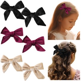 Velvet Hair Bows Hair Clips for Girls，UHOMENY 6Pcs 3.8 Inch Vintage Velvet Bow Ribbon Hair Clip Thick Hair Barrette Pins Accessories for Girls Women (Black, Yellow, Red)