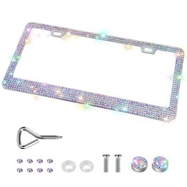 QUANQIUFEI 1 Pack Bling License Plate Frames, Sparkly Rhinestone Diamond Car License Plate Cover for Women, Stainless Steel Car Accessories with Glitter Crystal Caps (1 Pack Colorful)