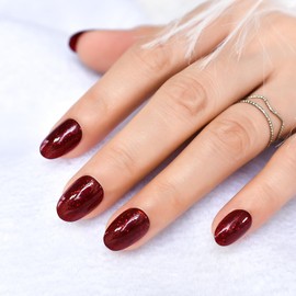 iMABC Press on Nails - Glitter Wine Claret Design Fake Nail | Medium Oval Dark Red Glossy False Nails | Glue Acrylic Decoration Manicure Gift for Girls Women Dating 24Pcs