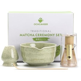 Matcha Set, Japanese Tea Set Includes Matcha Bowl with Spout, Matcha Whisk Holder, Bamboo Matcha Whisk and Bamboo Scoop, 17 oz Mottled Tea Green Glaze Ceramic Matcha Kit for Tea Lovers