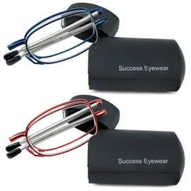 Success Eyewear Reading Glasses 2 Pair Blue and Burgundy Readers Compact Folding Unisex Glasses for Reading Case Included