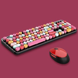 2.4G Full-Size Wireless Keyboard and Mouse Combo, Multi-Color Typewriter Style Round Keycap, Cute Candy Colors, Compatible with Notebook, PC (104 Keys,Red)