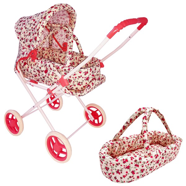 Baby Doll Stroller Play Set, 3-in-1 Babydoll Stroller with Removable Bassinet Baby Carriage for Dolls Toy Doll Stroller for Toddlers 3-4 Years, (Floral)