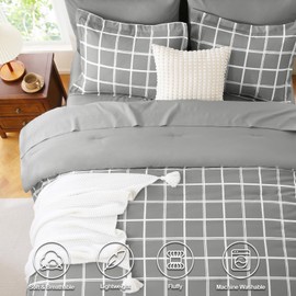 CozyLux Queen Comforter Set with Sheets - 7 Pieces Plaid Bed in a Bag Set Grey, Soft Queen Bedding Sets Bed Set with All Season Quilted Comforter, Flat Sheet, Fitted Sheet, Pillowcases & Pillow Shams