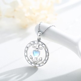 CRWENG Compass Pendant 925 Sterling Silver Anchor Necklace Heart Shaped Moonstone Nautical Jewelry Necklace for Women Anniversary Christmas Valentine's Day Birthday Gift