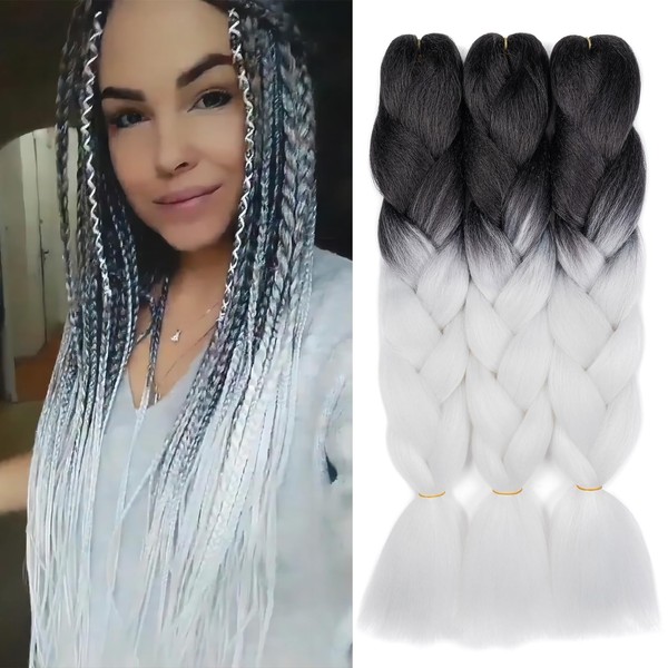 Dcbaboo Braids Extensions Synthetic Hair for Braiding 3 Pack 24 Inch Ombre Jumbo Braiding Hair Kanekalon Hair Extensions Braids Afro Crochet Box Braids Hair for Braids 300 g, Black & White