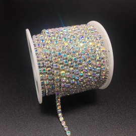 Dowarm 1 rollo de cadena de diamantes de imitación de 10 yardas, cadena de cierre de diamantes de imitación de vidrio, ribete de cadena de vidrio de Rhinstone, rollo de cadena de copa de garra de vidrio (Crystal AB, SS6 2 mm)