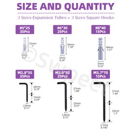 Swpeet 150Pcs 3 Sizes Black Metal Screw-in Square Bend Hooks with Expansion Tubes Anchors Assortment Kit, L Shaped Self-Tapping Screws Hooks L Type Photo Frame Right Angle Hook for Wall Hanging