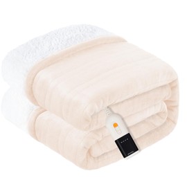 Warmrest Heated Blanket Electric Blanket Full Size Soft Flannel Sherpa, 6 Heat Levels Fast Heating, 2 to 10 Hours Auto-Off Detachable Controller Machine Washable, Beige 72"x84"