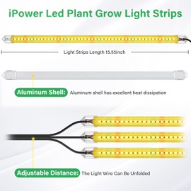 iPower 40W LED Plant Grow Light Strips Full Spectrum for Indoor Plants with Auto ON/Off 3/9/12H Timer, 10 Dimmable Levels 48 LEDs Per Tude, for Hydroponics Succulent, 3 Tubes, Yellow