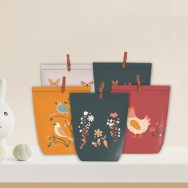 PANSIBY Easter Gift Bags, Easter Bags for Filling, 12 Boho Printed Bags with Wooden Clips, Cartoon Easter Bunny Craft Set