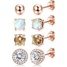 Jstyle Women's Popular Zirconia Stud Earrings Set 18K Gold Hypoallergenic CZ Earrings Round Opal Ball Stud Bead Cartilage Ear Jewelry (Pink Gold)