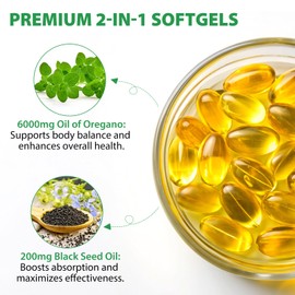 Oregano Oil Softgels with Black Seed Oil 6000mg – Cold-Pressed 2-in-1 Formula – 165mg Naturally Occurring Carvacrol & Thymoquinone – High Strength Mediterranean Herbal Supplement – 120 Softgels