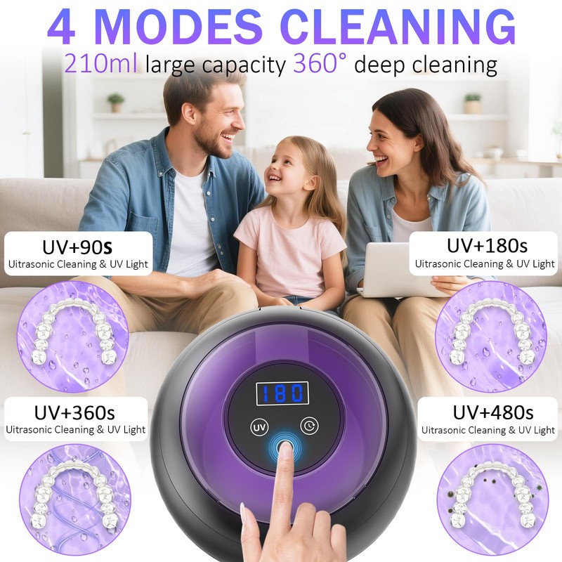 45kHz 210ml Ultrasonic Dental Cleaner For Aligners, Night Guards, Dentures,