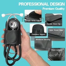 BAIWOVIS Stethoscope Holder with Clip for Scrubs, Upgrade Premium Leather Clip-on Stethoscope Hip Holder Stethoscope Accessories, Black