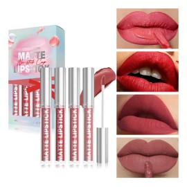 Set De 4 Labiales Mate Labial Resistencia Agua Color Rojo