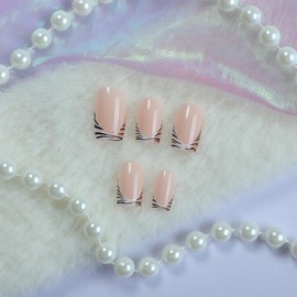 24 Pcs Pink Press On Nails Short Square,YEFIUO Spring Fake Nails Press ons Nail Art Tips Acrylic Nail Kit Glue on Nails Full Cover False Nails with Tiger Stripes French Glossy Design for Women