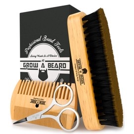 Beard Brush, Comb, Scissors Grooming Kit for Men's Care, Perfect to Distribute Balm or Oil for Growth & Styling, Adds Shine & Softness
