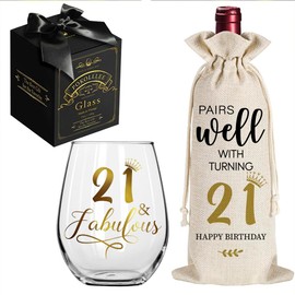 Pokolllee 21st Birthday Gift, 21 Fabulous Wine Glass, Happy 21st Birthday Wine Glass, Funny 21 Fabulous Gift for Friends Girl Sisters BFF Daughter, 21st Birthday Decorations Wine Bag Turning 21st Gift