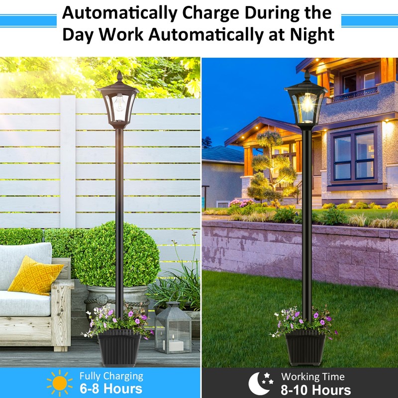72" Solar Outdoor Light with Planter,Waterproof Solar Post Lamp Ligts,Solar