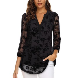 Vafoly Women's 3/4 Sleeve Top Henley V-Neck Shirts Double Layer Mesh Blouse Tunics, Flocked Black Flowers