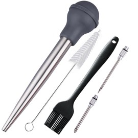 Nstezrne Turkey Baster Set of 5, Turkey Baster Syringe for Cooking, Meat Injector Baster &2 Needles&2 Cleaning Basting Brush, 18/8 Stainless Steel Baster for Flavor Meat Poultry, Beef&Chicken Grey