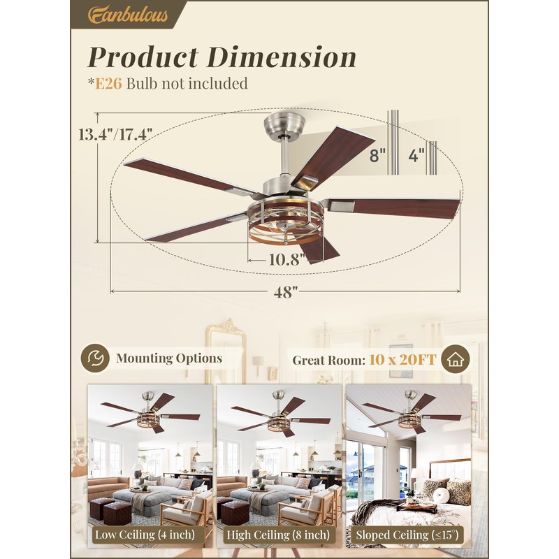 Fanbulous Farmhouse Ceiling Fans with Light, 48 Inch Bedroom Ceiling