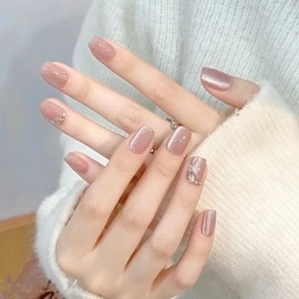 Nail Tips, 24 Pieces, Short Round False Nails, Medium, Japanese Style, Bride Nails, 3D Claws, Cat Eyes, Gel Nails, Glitter, Glossy, 3D, Nail Seal, Korea, Popular, Bright, Handmade Nail Tip, Nail