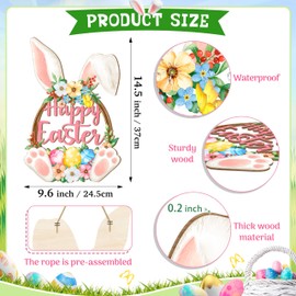 Easter Bunny Door Sign, Happy Easter Wooden Hanging Decorations, Easter Eggs Hanging Plaque Bunny Rabbit Sign Wall Hanger Floral Spring Decor for Front Door Porch Yard Wall Home Decorations Pink