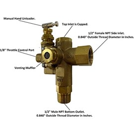 1/2" NPT Side Inlet, All in One Pilot Unloader Check Valve, Includes Throttle Control Cable for 6.5HP Max Gas Compressors (125-150 PSI, Valve ONLY, Throttle Control Cable NOT Included)