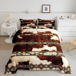 Erosebridal Cowhide Quilt Brown Highland Cow Print Queen Comforter Set,Western Bedding Set Exotic Aztec Duvet Insert,Farmhouse Wild Animals Longhorn Skin Room Decor Cowboys Gifts for Men