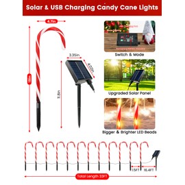 Upgraded 24 Pack Candy Cane Solar Lights Outdoor Waterproof, Rechargeable Christmas Pathway Lights with Remote, Solar Powered & USB Charging Christmas Decorations Outdoor for Garden Lawn Yard Party