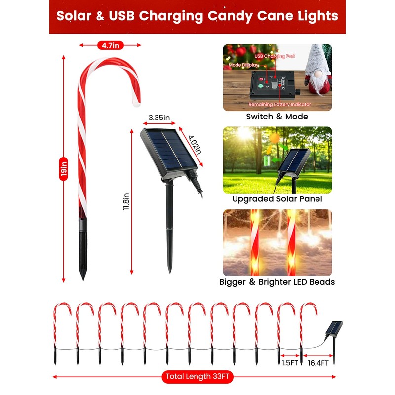 Upgraded 24 Pack Candy Cane Solar Lights Outdoor Waterproof, Rechargeable