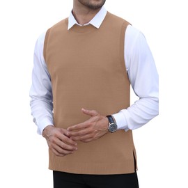 KUYIGO Men's Sleeveless Vest Classic Business Crew Neck Knitwear Knitted Vest Sweater Cardigans Tank Tops, apricot
