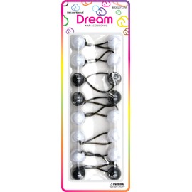 Dream World Ponytail Holder 20 MM Bead Mix of Two Toned Black & Clear and Two Toned White & Clear 8 Piece Pack