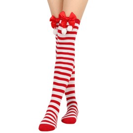 Anevous 1 Pair of Christmas Stockings, Overknee Stockings with Bow, Christmas Socks, Long Stockings, Winter Socks, Leg Warmers, Thigh High Socks for Christmas, Women, Red White A