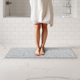 Long Runner Non Slip Soft Microfiber Bathroom Rug - Plush, Absorbent and Machine Washable - Quick Dry Chenille Bath Mat for Shower, Bedroom, or Entryway (White, 47x21)