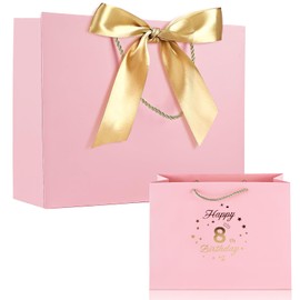 Yiran Birthday Gift Bag with Handles and Ribbon for 8 Year Old Gilrs Birthday Gift Wrapping, Happy 8th Birthday Gift Bag, Kids Baby Paper Gift Bags, Pink and Gold Birthday Decorations Party Supplies
