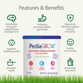 PediaGROW Toddler Nutritional Milk Powder, Grass-Fed French Milk, High DHA & Iron, Natural Prebiotics for Growth & Immune Support, Non-GMO, Gluten-Free, Toddler Nutritional Drink, Ages 1+ Years 6pk