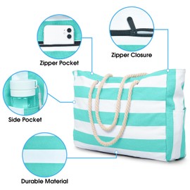 oscaurt Beach Bag Striped Tote Bag Swimming Bag Waterproof Beach Bag Large with Zip Shopper Bag Women's Beach Bag XXL Family Shopping Bag Shoulder Bag Plain Bag Travel Bag, Light Cyan