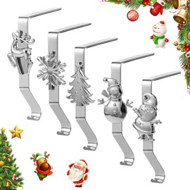 Stocking Holders for Mantle, Set of 5 Christmas Stocking Holders for Fireplace, Stocking Hangers for Mantel, Snowflake Reindeer Tree Santa Stocking Hooks for Christmas Mantel Decoration, Silver