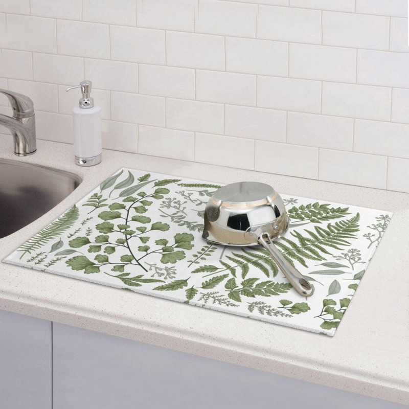 Sage Green Dish Drying Mat for Kitchen Counter, Vintage Herbs